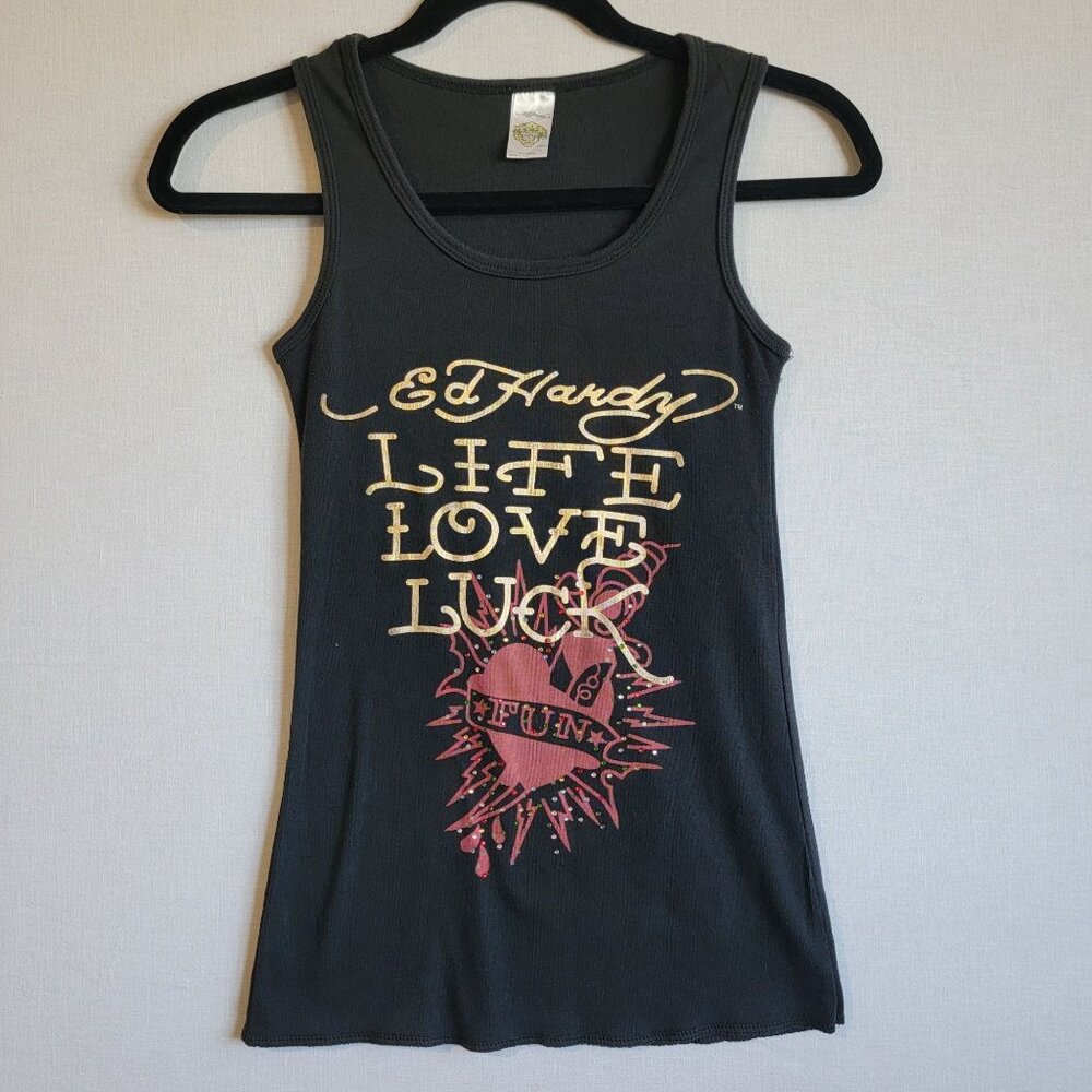 Vintage Ed Hardy Tank Top Womens Large Y2K Bling "Life Love Luck" & "Krazy Love"